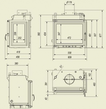 Wasserf�hrender Kamineinsatz, Heizeinsatz 12 kW - Seitenglas rechts