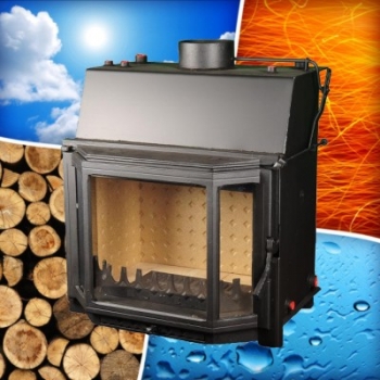 Wasserf. Kamineinsatz, Heizeinsatz mit Schamotte u. Prismascheibe geteilt- 18 kW