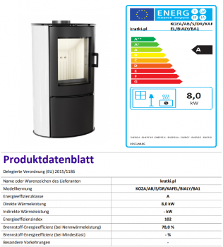 *EEK A - Kaminofen Kratki KOZA AB S mit weißen Kacheln und Holzfach - 8 kW