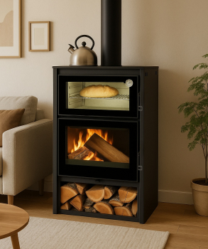 EEK A+ Kaminofen Modena LUX mit XXL-Edelstahlbackfach, schwarz - 7,4kW