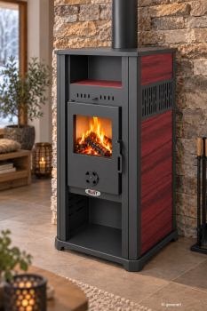 Preview: EEK A+ Kaminofen Ambasador 5.0 bordeaux mit Keramikverkleidung - 7,9 kW