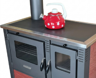 Preview: EEK A+ Küchenofen Holzherd PANONIA Kacheln bordeaux, linke Version - 8,5 kW Dauerbrandherd