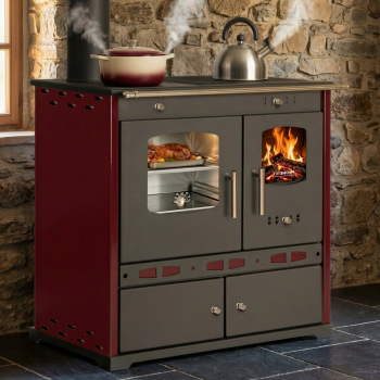 Preview: EEK A+ Küchenofen Holzherd ECO LUX INOX, Edelstahlbackfach, bordeaux, linke Version - 7,1 kW