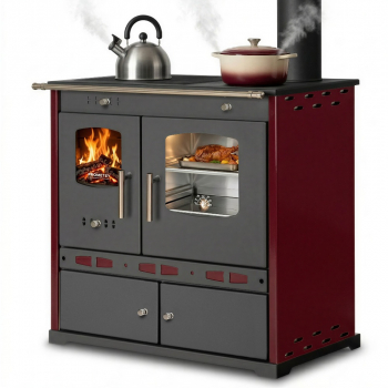 EEK A+ Küchenofen Holzherd ECO LUX INOX, Edelstahlbackfach, bordeaux, rechte Version - 7,1 kW