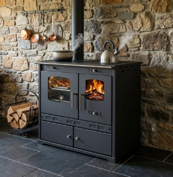 Preview: EEK A+ Küchenofen Holzherd ECO LUX INOX, Edelstahlbackfach, schwarz, linke Version - 7,1 kW