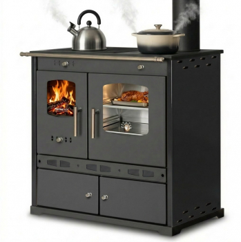 EEK A+ Küchenofen Holzherd ECO LUX INOX, Edelstahlbackfach, schwarz, rechte Version - 7,1 kW