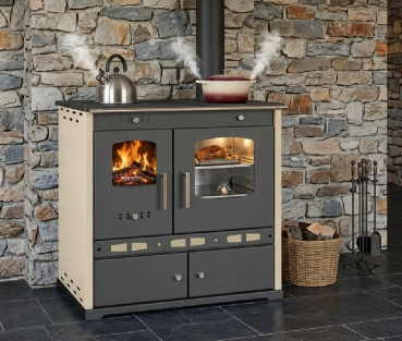 Preview: EEK A+ Küchenofen Holzherd ECO LUX INOX, Edelstahlbackfach, creme, rechte Version - 7,1 kW