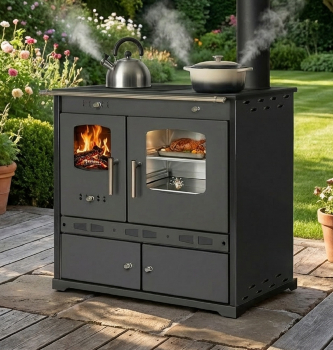 Outdoor-Küchenofen Gartenherd ECO LUX INOX, Edelstahlbackfach, schwarz, rechte Version
