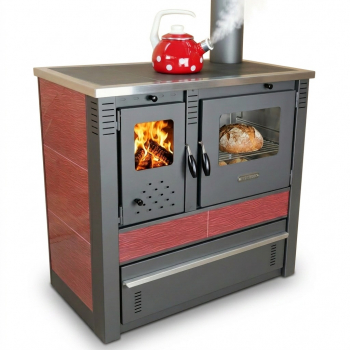 EEK A+ Küchenofen Holzherd PANONIA Kacheln bordeaux, rechte Version - 8,5 kW Dauerbrandherd