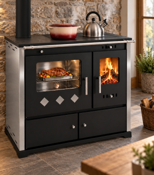 Preview: XL-Küchenofen Holzherd PR LUX INOX Edelstahlverkleidung, links, mit Edelstahlbackfach - 9,4 kW