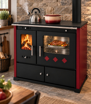 Preview: XL-Küchenofen Holzherd PR LUX INOX bordeaux, rechts mit Edelstahlbackfach - 9,4 kW