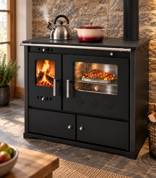 Preview: XL-Küchenofen Holzherd PR LUX INOX schwarz, rechts mit Edelstahlbackfach - 9,4 kW