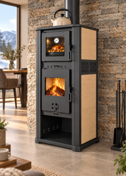 Preview: EEK A+ Kaminofen mit Backfach ROMA S beige mit Keramikverkleidung - 8,3 kW