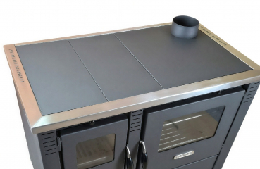 Preview: EEK A+ Küchenofen Holzherd PANONIA Kacheln schwarz, rechte Version - 8,5 kW Dauerbrandherd