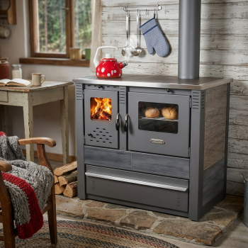 Preview: EEK A+ Küchenofen Holzherd PANONIA Kacheln schwarz, rechte Version - 8,5 kW Dauerbrandherd
