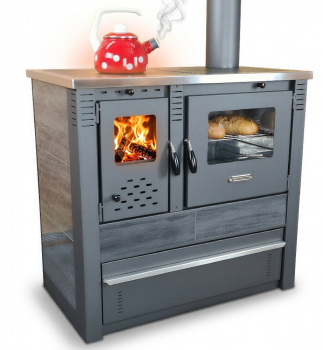 EEK A+ Küchenofen Holzherd PANONIA Kacheln schwarz, rechte Version - 8,5 kW Dauerbrandherd