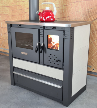 EEK A Küchenofen Holzherd PANONIA Kacheln creme, linke Version - 10,5 kW Dauerbrandherd