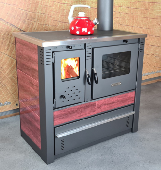 EEK A Küchenofen Holzherd PANONIA Kacheln bordeaux, rechte Version - 10,5 kW Dauerbrandherd