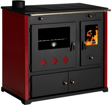 EEK A+ Küchenofen Holzherd Practik LUX bordeaux, linke Version - 9,5 kW, ext. Zuluft - Dauerbrand