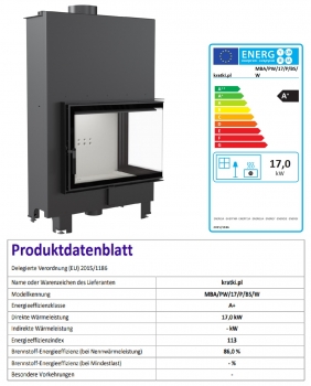 *EEK A+ Wasserführender Eck-Kamineinsatz Kratki MBA PW 17 rechts BS mit Klapptür - 17kW