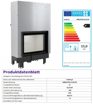 *EEK A+ Wasserführender Kamineinsatz Kratki MBO/PW/15/G/W mit Hebetür - 15kW