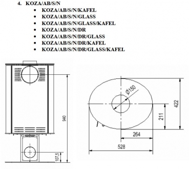 *EEK A - Kaminofen Kratki KOZA AB S N mit Standfuß und roten Kacheln - 8 kW