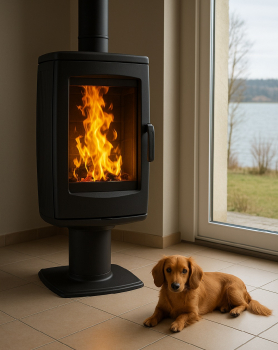 EEK A+ Design-Gusskaminofen Plamen Aria schwarz, raumluftunabhängig - 8kW