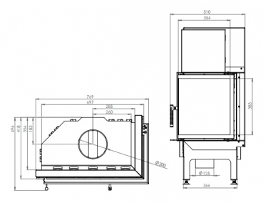 EEK A+ - Eck-Kamineinsatz Albero AL14R.H DECO mit Seitenglas rechts -14kW