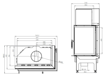 EEK A+ - Eck-Kamineinsatz HITZE Albero AL16R.H DECO mir Seitenglas rechts -16kW