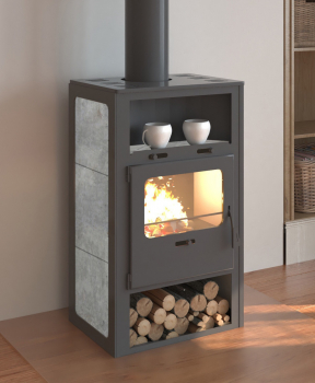 EEK A Kaminofen INDI S für Holz+Kohlefeuerung, Specksteinverkleidung,  gussgrau – 6,6kW