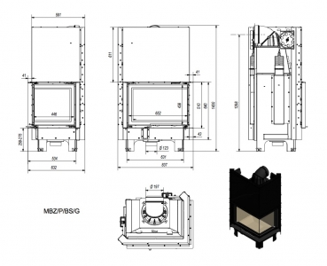 *EEK A - Eck-Kamineinsatz Kratki MBZ 13 schwarze Acumotte mit Schiebetür, Seitenglas rechts - 13 kW