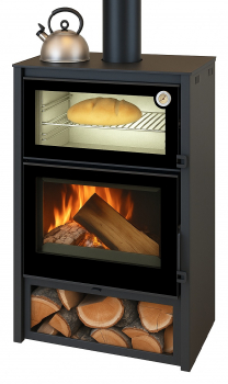 EEK A+ Kaminofen Modena LUX mit XXL-Edelstahlbackfach, schwarz - 7,4kW