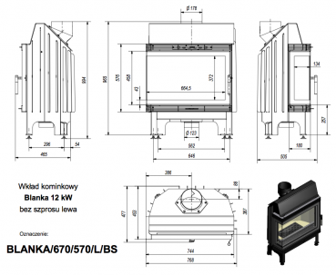 *EEK A - Eck-Kamineinsatz Kratki BLANKA 670/570/L/BS Seitenscheibe links - 11 kW