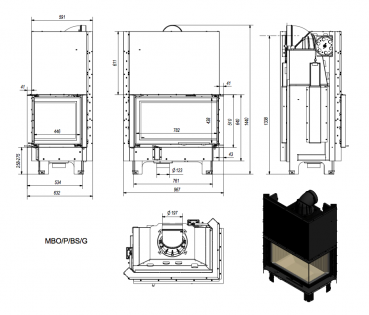 EEK A+ Eck-Kamineinsatz Kratki MBO/P/BS/G 15 Schiebetür, Seitenscheibe rechts - 15 kW