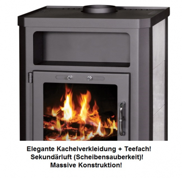 EEK A Wasserführender Kaminofen Victoria Comfort KB, schwarz mit Kachelverkleidung – 11kW