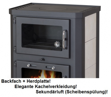 EEK A Kaminofen mit Backfach+Herdplatte Victoria Comfort KF Kachel schwarz– 10kW