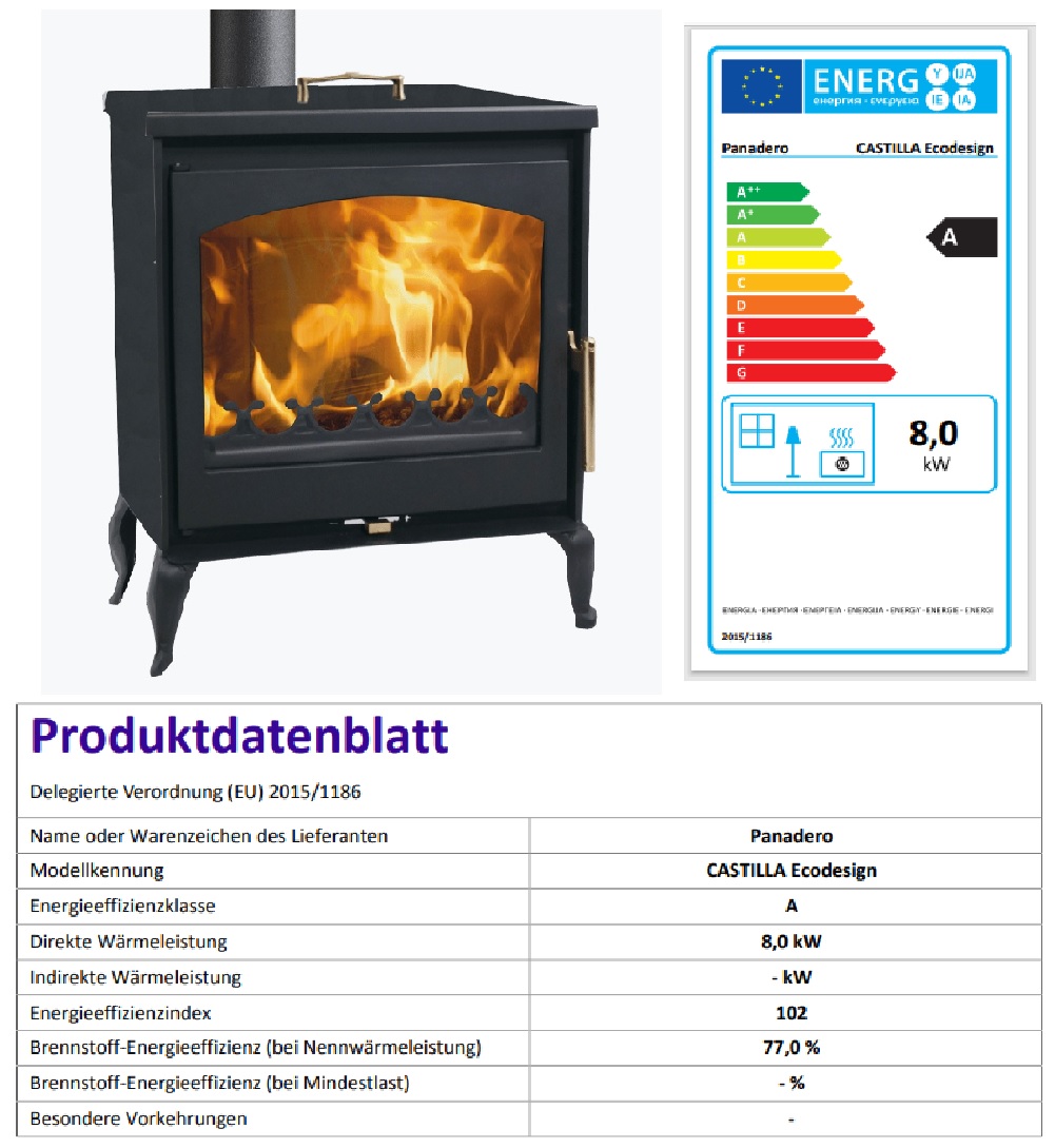 Castilla kW 8,0 - EEK EcoDesign Kaminofen Herdplatte A mit Panadero