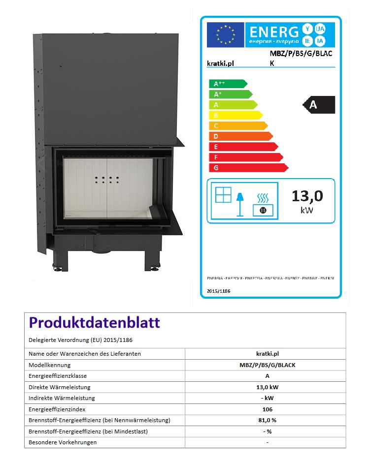 EEK A - Eck-Kamineinsatz Kratki MBZ 13 schwarze Acumotte mit Schiebetür,  Seitenglas rechts - 13 kW