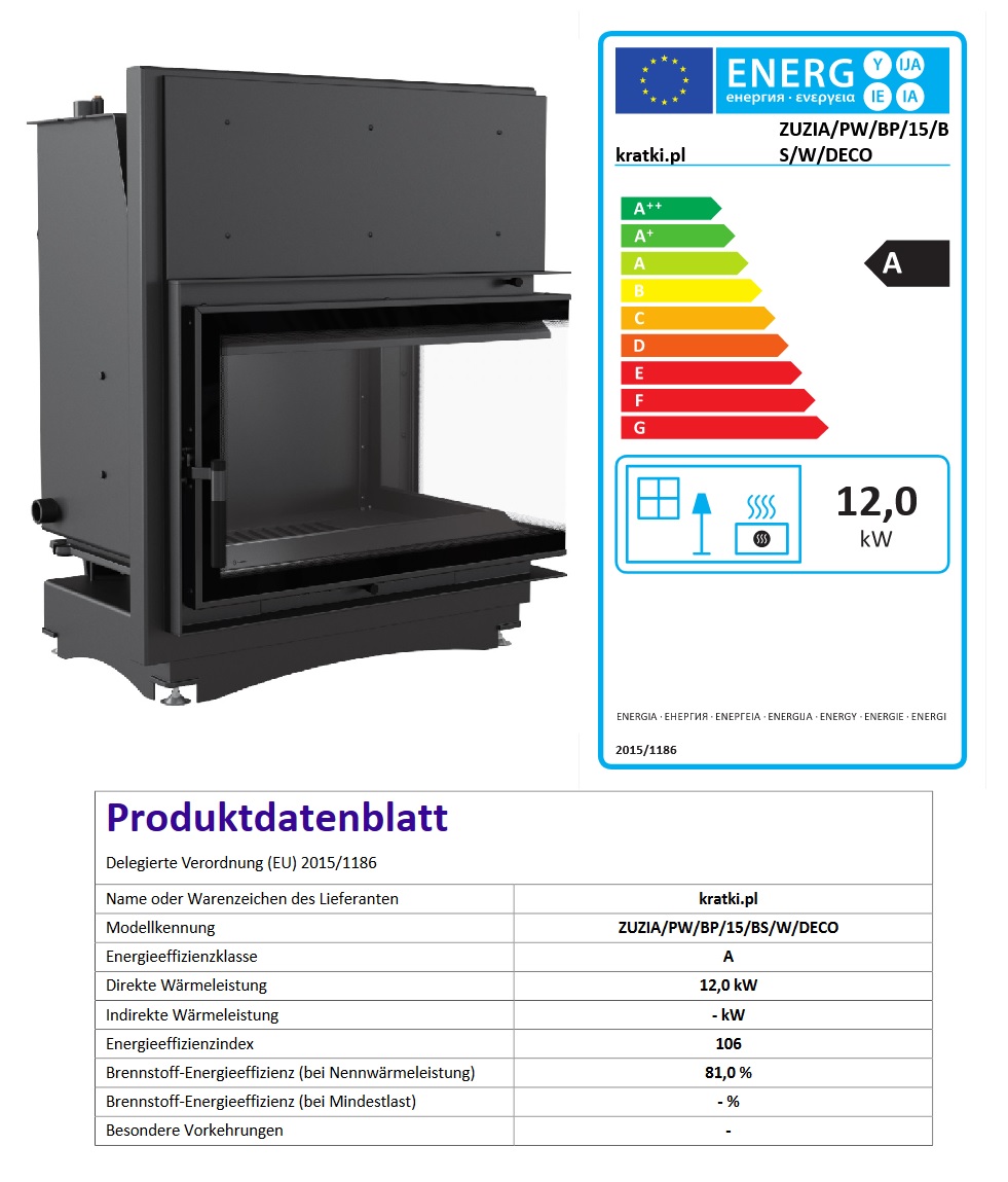 EEK A Wasserführender Eck-Kamineinsatz rechts Seitenscheibe Kratki ZUZIA/PW/BP/15/BS/W/DECO 12kW