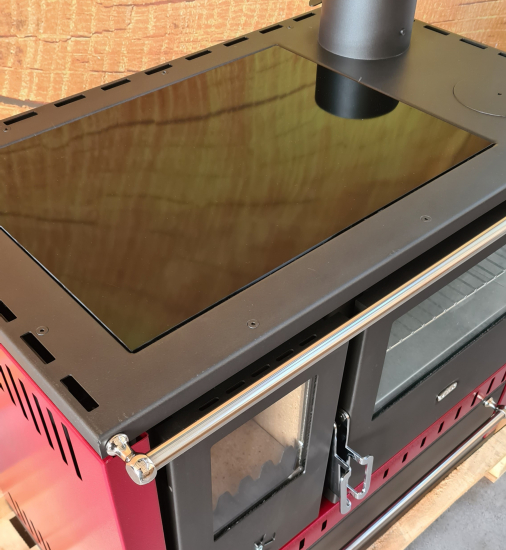 EEK A Premium-Küchenofen Holzherd GT bordeaux !Cerankochfeld!+!Edelstahlbackfach!-Dauerbrandherd - 15kW