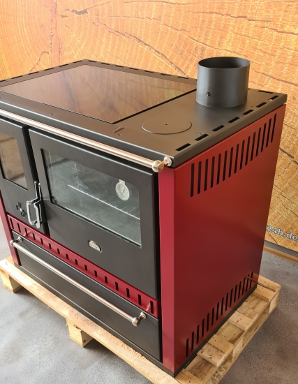 EEK A Premium-Küchenofen Holzherd GT bordeaux !Cerankochfeld!+!Edelstahlbackfach!-Dauerbrandherd - 15kW
