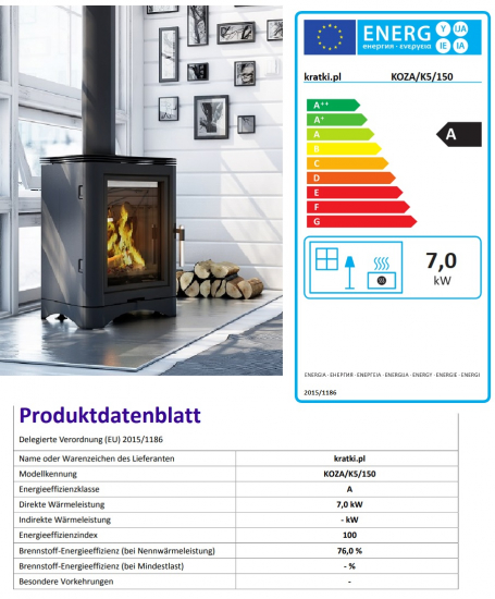 *EEK A - Guss-Kaminofen Kratki KOZA K5 mit RRØ 150 mm - 7 kW