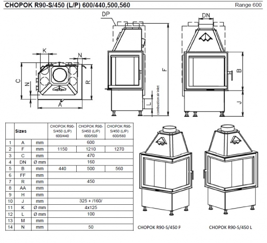 EEK A - Eck-Kamineinsatz Kobok CHOPOK 600/500 R90-S/450 L/P, Türhöhe 50cm, Klapptür - 9kW