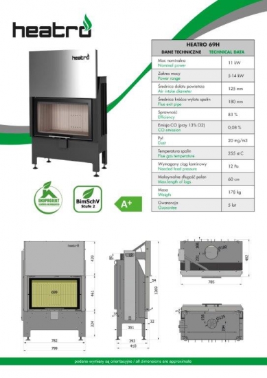 EEK A+ - Kamineinsatz HEATRO 69 H mit Hebetür - 11kW