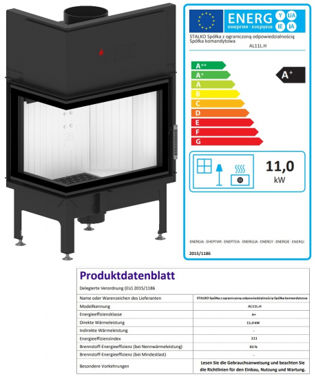 EEK A+ - Eck-Kamineinsatz HITZE Albero AL11L.H DECO mit Seitenglas links -11kW