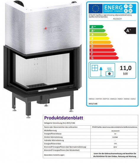EEK A+ - Eck-Kamineinsatz HITZE Albero AL11LG.H DECO mit Schiebetür, Seitenglas links -11kW
