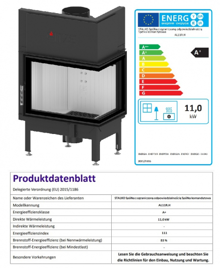EEK A+ - Eck-Kamineinsatz HITZE Albero AL11R.H DECO Seitenglas rechts - 11kW