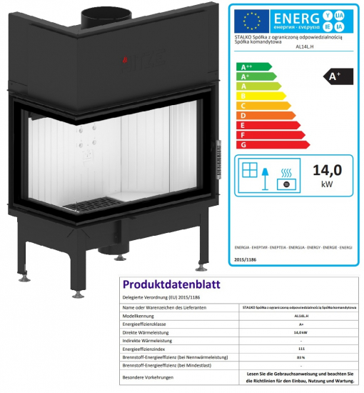 EEK A+ - Eck-Kamineinsatz HITZE Albero AL14L.H DECO mit Seitenglas links -14kW