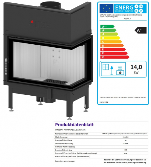 EEK A+ - Eck-Kamineinsatz Albero AL14R.H DECO mit Seitenglas rechts -14kW