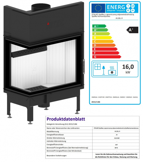 EEK A+ - Eck-Kamineinsatz HITZE Albero AL16L.H DECO mit Seitenglas links -16kW